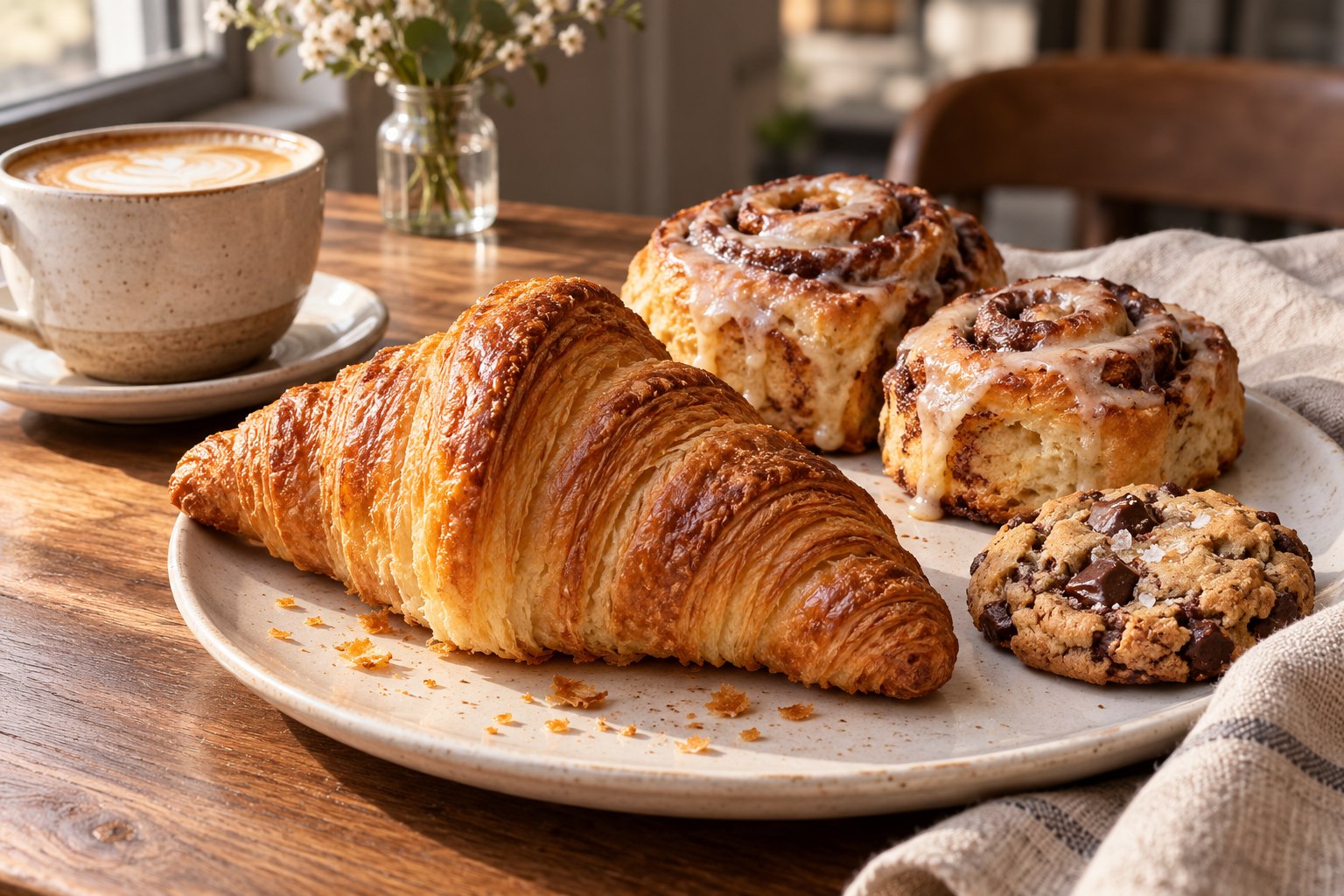 Croissant, cynamonki i czekoladowe ciastko