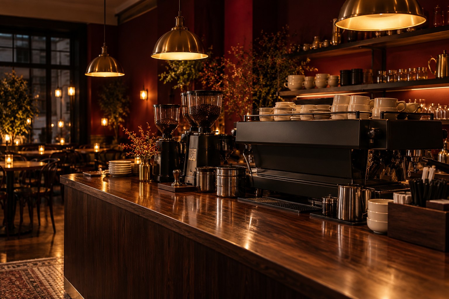 Przytulny wieczorny bar kawowy w odcieniach burgundu i drewna